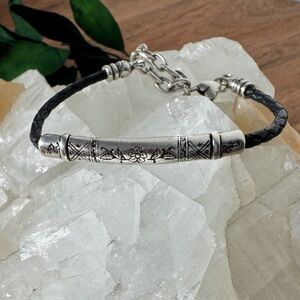 Brighton Glastonbury Black Leather Silver Plated Floral Bar Bracelet